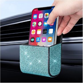 Car Vent Storage Organizer,Bling Car Accessories for Women or Man,Rhinestone Car Vent Leather Pocket,Multipurpose Car Storage/Car Sunglass Holder/Car Coin Holder for Car (Black)