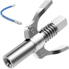 Gute Double Handle Grease Gun Coupler, 10000 PSI Duty Grease Tips Quick Lock and Release Grease Coupler with 12" Spring Flex Hose,Compatible with All Grease Guns 1/8" NPT Ends,1PC