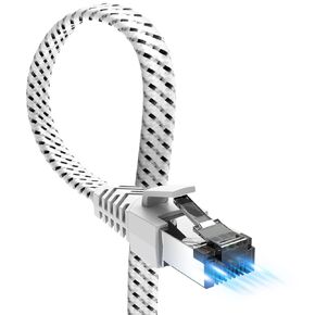Cat 8 Ethernet Cable, Nylon Braided High Speed Heavy Duty Network LAN Cord, Internet Cable 40Gbps 2000Mhz, Shielded Direct Burial RJ45 Network Cable (White, 6FT 2Pack)