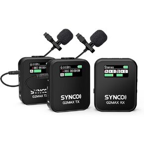 SYNCO Wireless Microphone, G2(A2) MAX 2.4G Dual Transmitter 24Hours Recording 492FT 8H for Vlogging Interview for DSLR Smartphone Laptop, Wireless-Lavalier-Microphone-for-Camera