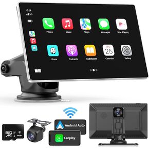 Portable Apple Carplay Screen for Car, 9" Wireless Apple Carplay & Android Auto,4K Dash Cam,1080p Backup Camera DVR,Car Audio Receivers GPS Navigation Mirror Link, Bluetooth,FM, Siri