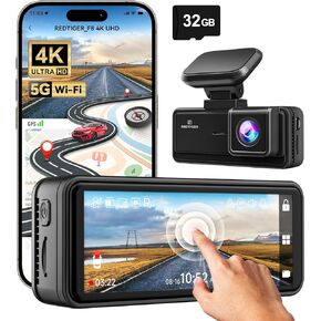 كاميرا أمامية REDTIGER 4K Dash Cam، تحكم في تطبيق Wi-Fi 5G، كاميرا داش بشاشة تعمل باللمس 3.18 بوصة للسيارات، رؤية ليلية 2160P UHD، بطاقة مجانية 32 جيجابايت، زاوية واسعة 160 درجة، نظام تحديد المواقع المدمج، وضع انتظار السيارات، تسجيل حلقي (F8) in Kuwait