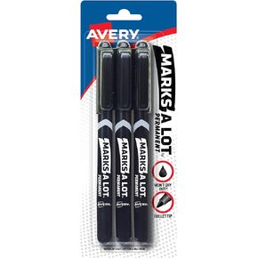 AVERY Marks-A-Lot Permanent Markers, Pen-Style Size, Bullet Tip, Water and Wear Resistant, 3 Black Markers (29837)