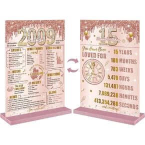 Bumqviy 15th Birthday Decorations Back in 2009 Table Sign for Girls Women, Pink Rose Gold Happy 15th Birthday Two-Sided Wooden Poster with Stand, 15 Year Old Birthday Gift Party Supplies