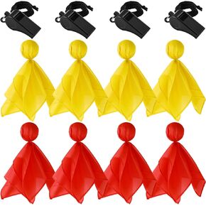 12 Pcs Football Penalty Flag Set 8 Red Yellow Tossing Soccer Flags for Party Accessory and 4 Plastic Sports Black Whistles with Lanyard Loud Clear Coach Referee Whistle