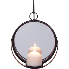 Danya B. Round Wrought Iron Pillar Candle Sconce with Mirror – A Decorative Rustic Metal Hanging Wall Candleholder