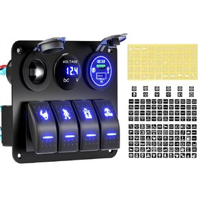 Rocker Switch Panel 4 Way + Type-C PD Charge and QC3.0 USB + Voltmeter + 12V Outlet Pre-Wired Aluminum Panel Toggle Switches for Automotive Car Marine Boat RV ATV UTV RZR Off Road…