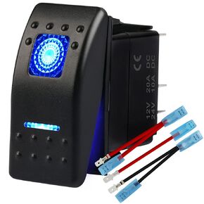 Waterproof Marine Boat Rocker Switch Toggle 12V 24V, 5 Pin SPST ON-Off Switch 12V/20A 24V/10A Blue LED Light, with Jumper Wires Set for Car Marine Boat Truck Trailer 4x4 Caravan RV SUV ATV UTV