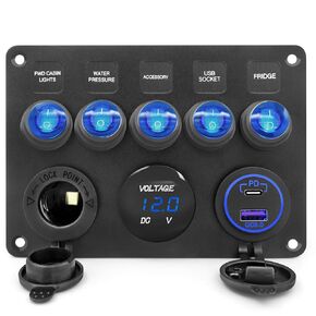 5 Gang Aluminum Boat Rocker Switch Panel Marine Board with Blue Digital Voltage Display USB PD Charging Port QC3.0 USB Port 12V DC Power Socket with Circuit Breaker for Vehicles Yacht Car Truck RV Bus