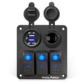 5 Gang Aluminum Boat Rocker Switch Panel Marine Board with Blue Digital Voltage Display USB PD Charging Port QC3.0 USB Port 12V DC Power Socket with Circuit Breaker for Vehicles Yacht Car Truck RV Bus