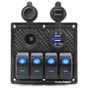 5 Gang Aluminum Boat Rocker Switch Panel Marine Board with Blue Digital Voltage Display USB PD Charging Port QC3.0 USB Port 12V DC Power Socket with Circuit Breaker for Vehicles Yacht Car Truck RV Bus