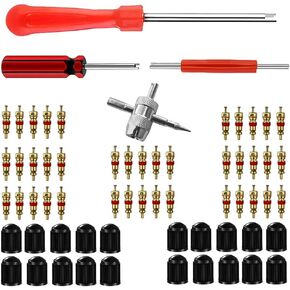Tire Valve Stem Tool Puller and Installer Kit, Remover and Installation Set, 6 Pcs TR412 Snap-in Valve Stems with Valve Stem Cores, 1 Pcs Single Head Tire Valve Core Tool, 1 Pcs 4-Way Valve Tool