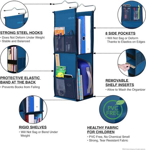 ABRA® 2 Shelf Hanging Locker Organizer for School, Work, Gym, Storage | Deep Shelves 6.5"x 9"| Eco-Friendly Fabric Healthy for Children (Navy Blue) in Saudi Arabia