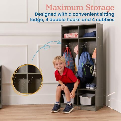 ECR4Kids 2-Section Coat Locker with Bench, Classroom Furniture, Grey Wash in Kuwait