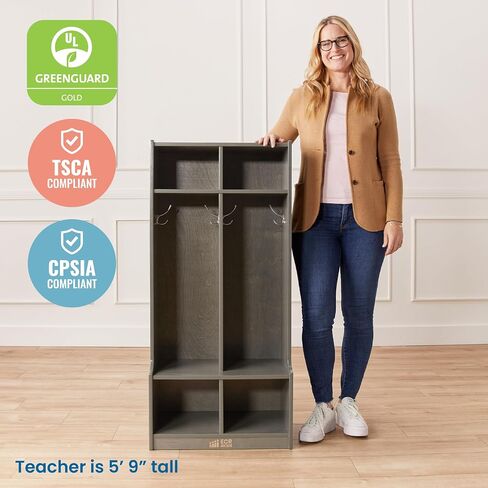 ECR4Kids 2-Section Coat Locker with Bench, Classroom Furniture, Grey Wash in Kuwait
