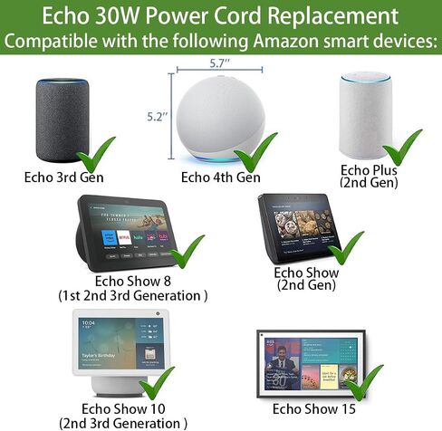 سلك طاقة شاحن عرض الصدى 30 وات للجيل الثالث من Alexa Echo، والجيل الرابع من Echo، وEcho Show 8 10 15، وEcho Plus الجيل الثاني، ومحول الطاقة البديل Echo Show K3V1N9 in Saudi Arabia