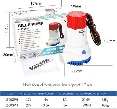 MAKERELE 12V 1500GPH Low Noise Electric Bilge Pump, Non-automatic Pump For Water Tank Pool Yacht RVS Ets in Kuwait