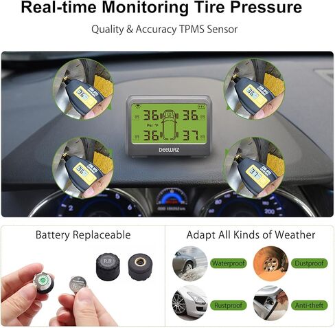 نظام مراقبة ضغط الإطارات، DEEWAZ MY66 Solar TPMS، نظام مراقبة ضغط الإطارات مع 4 أجهزة استشعار TPMS خارجية، 0-116 رطل لكل بوصة مربعة لسيارة SUV MPV بيك اب سيدان للطرق الوعرة in Kuwait