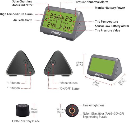 نظام مراقبة ضغط الإطارات، DEEWAZ MY66 Solar TPMS، نظام مراقبة ضغط الإطارات مع 4 أجهزة استشعار TPMS خارجية، 0-116 رطل لكل بوصة مربعة لسيارة SUV MPV بيك اب سيدان للطرق الوعرة in Kuwait