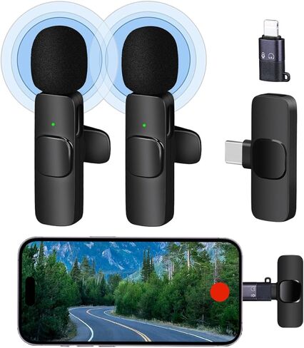2 Pack Wireless Mic, Clip on Microphone, Wireless Lavalier Microphone for iPhone/Android Phone/iPad/Laptop, Mini Microphone Plug-Play in Saudi Arabia