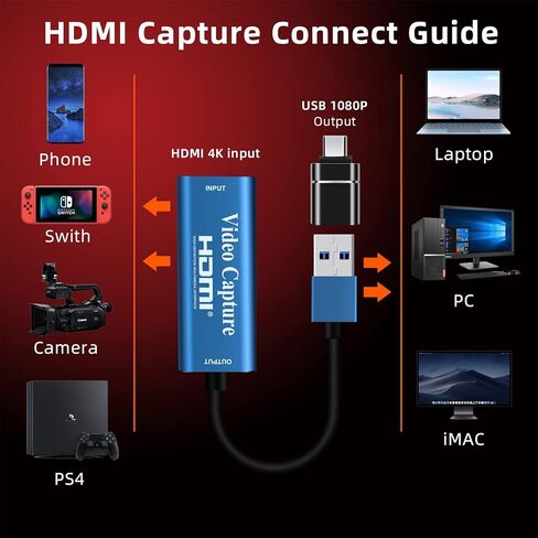 بطاقة التقاط الفيديو، HDMI إلى USB بطاقة التقاط الفيديو 1080P 30 هرتز، جهاز التقاط صوت فيديو 4K مباشرة إلى الكمبيوتر، بطاقة التقاط الألعاب المتوافقة مع Xbox/الكمبيوتر اللوحي/الكاميرا/الكمبيوتر الشخصي in Kuwait