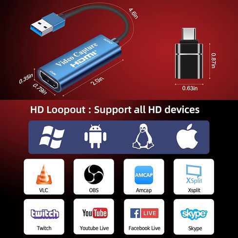 بطاقة التقاط الفيديو، HDMI إلى USB بطاقة التقاط الفيديو 1080P 30 هرتز، جهاز التقاط صوت فيديو 4K مباشرة إلى الكمبيوتر، بطاقة التقاط الألعاب المتوافقة مع Xbox/الكمبيوتر اللوحي/الكاميرا/الكمبيوتر الشخصي in Kuwait