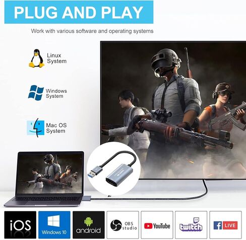 بطاقة التقاط فيديو Guermok، بطاقة وصلة كاميرا 4K HDMI إلى USB 3.0، جهاز التقاط فيديو كامل 1080P60FPS لتدفق الألعاب، لنظام ipad Mac OS Windows PS4 PS5، Steam Switch Xbox1 in Kuwait