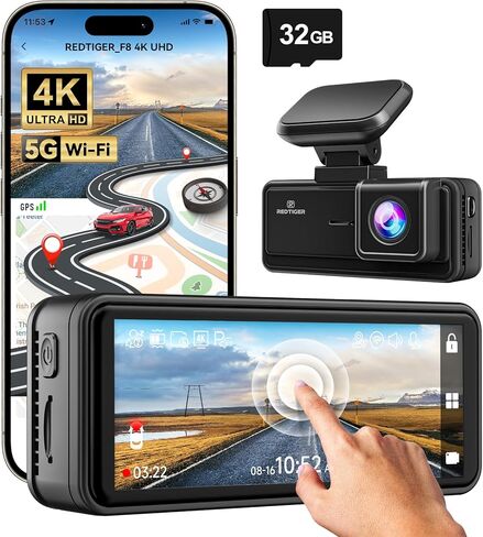 كاميرا أمامية REDTIGER 4K Dash Cam، تحكم في تطبيق Wi-Fi 5G، كاميرا داش بشاشة تعمل باللمس 3.18 بوصة للسيارات، رؤية ليلية 2160P UHD، بطاقة مجانية 32 جيجابايت، زاوية واسعة 160 درجة، نظام تحديد المواقع المدمج، وضع انتظار السيارات، تسجيل حلقي (F8) in Kuwait