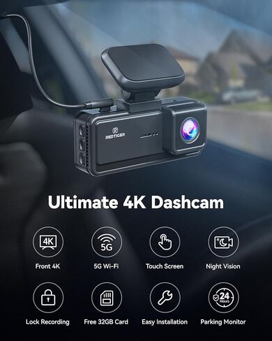 كاميرا أمامية REDTIGER 4K Dash Cam، تحكم في تطبيق Wi-Fi 5G، كاميرا داش بشاشة تعمل باللمس 3.18 بوصة للسيارات، رؤية ليلية 2160P UHD، بطاقة مجانية 32 جيجابايت، زاوية واسعة 160 درجة، نظام تحديد المواقع المدمج، وضع انتظار السيارات، تسجيل حلقي (F8) in Kuwait