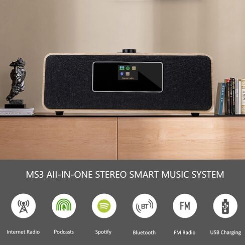 MS3 Stereo Smart Music System with Internet Radio, FM Digital Radio,Clock Radio,Spotify Connect,Bluetooth Speaker,WiFi Speaker,Headphone-Out,Alarms,Presets,Remote and App Control–White Oak in Saudi Arabia