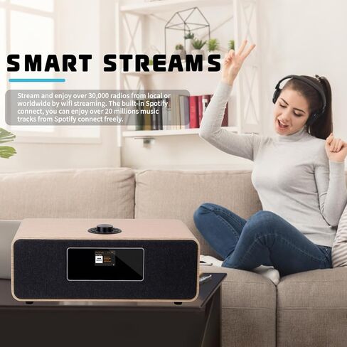 MS3 Stereo Smart Music System with Internet Radio, FM Digital Radio,Clock Radio,Spotify Connect,Bluetooth Speaker,WiFi Speaker,Headphone-Out,Alarms,Presets,Remote and App Control–White Oak in Saudi Arabia