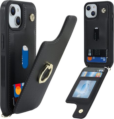 حافظة لهاتف آيفون 15 بلس مع حامل بطاقات وحزام للنساء، حبل حول الجسم، مسند حلقي حامل، مشبك كبس، حافظات محفظة الهاتف 6.7 بوصة (أسود) in Kuwait