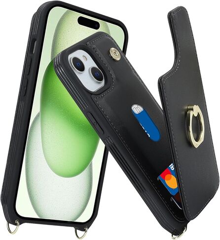 حافظة لهاتف آيفون 15 بلس مع حامل بطاقات وحزام للنساء، حبل حول الجسم، مسند حلقي حامل، مشبك كبس، حافظات محفظة الهاتف 6.7 بوصة (أسود) in Kuwait