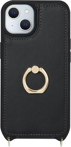 حافظة لهاتف آيفون 15 بلس مع حامل بطاقات وحزام للنساء، حبل حول الجسم، مسند حلقي حامل، مشبك كبس، حافظات محفظة الهاتف 6.7 بوصة (أسود) in Kuwait