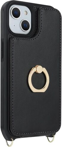 حافظة لهاتف آيفون 15 بلس مع حامل بطاقات وحزام للنساء، حبل حول الجسم، مسند حلقي حامل، مشبك كبس، حافظات محفظة الهاتف 6.7 بوصة (أسود) in Kuwait