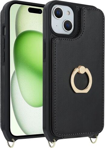 حافظة لهاتف آيفون 15 بلس مع حامل بطاقات وحزام للنساء، حبل حول الجسم، مسند حلقي حامل، مشبك كبس، حافظات محفظة الهاتف 6.7 بوصة (أسود) in Kuwait