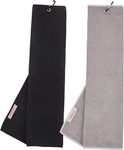 Golf Towel (2 Pack) 16" x 21" Tri-fold Microfiber Waffle with Carabiner Clip (Black+Gray) in Saudi Arabia