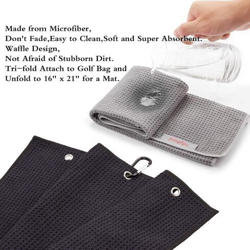 Golf Towel (2 Pack) 16" x 21" Tri-fold Microfiber Waffle with Carabiner Clip (Black+Gray) in Saudi Arabia