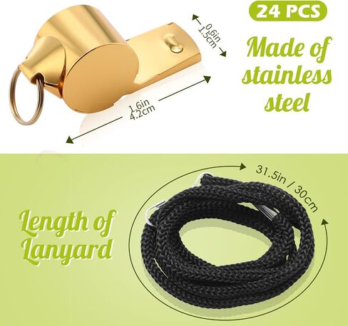 24 Pcs Loud Metal Whistle with Lanyard, Stainless Steel Sport Whistle Coach Referee for Adults Survival Emergency Gold Whistle for Teachers Police Football Basketball Soccer Hockey in Saudi Arabia
