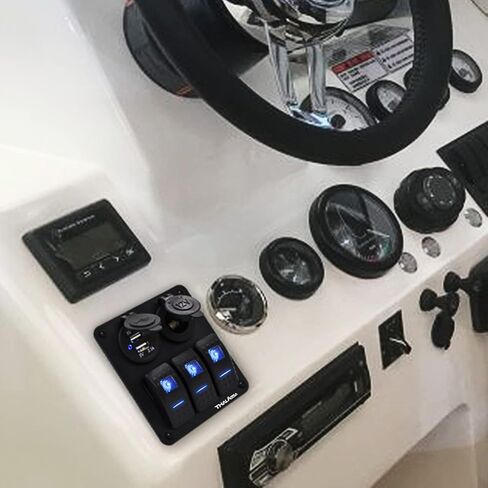 5 Gang Aluminum Boat Rocker Switch Panel Marine Board with Blue Digital Voltage Display USB PD Charging Port QC3.0 USB Port 12V DC Power Socket with Circuit Breaker for Vehicles Yacht Car Truck RV Bus in Saudi Arabia