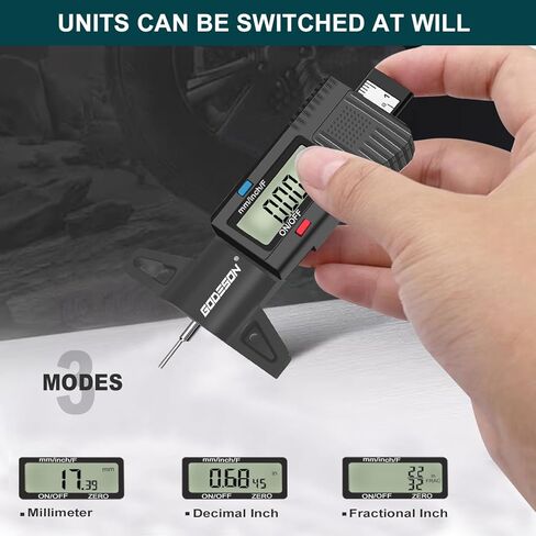 مقياس عمق مداس الإطارات الرقمي من جوديسون، مقياس عمق مداس الإطارات مع 3 أوضاع-بوصة كسرية، بوصة عشرية ومليمتر، مقياس مداس دقيق للإطارات، مقياس عمق الإطارات للدراجات النارية والسيارات والشاحنات والشاحنات وسيارات الدفع الرباعي in Kuwait