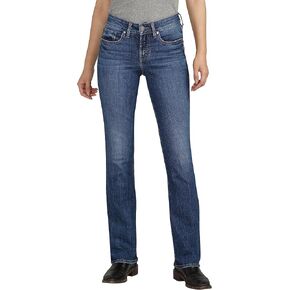 شركة Silver Jeans Co. بنطال جينز Suki نسائي متوسط ​​الارتفاع بقصّة متعرجة وقصة ضيقة، لون داكن