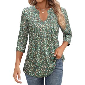 Womens 3/4 Sleeve Tunic Tops Notch V Neck Shirts Business Casual Blouses Pleat Front Tops Loose Fit Dressy Outfit in Kuwait