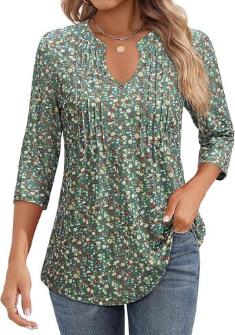 المرأة 3/4 كم تونك القمم الشق الخامس الرقبة قمصان الأعمال بلوزات غير رسمية مطوي الجبهة القمم فضفاضة تناسب متأنق الزي in Kuwait