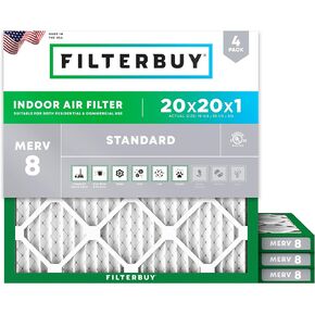 Filterbuy 20x20x1 Air Filter MERV 8 Dust Defense (4-Pack), Pleated HVAC AC Furnace Air Filters Replacement (Actual Size: 19.50 x 19.50 x 0.75 Inches)