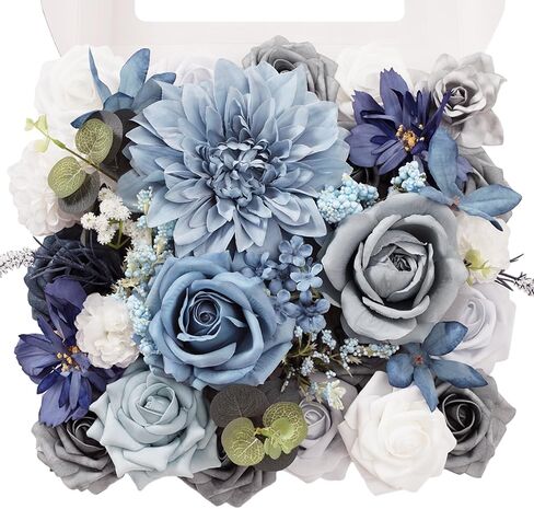 TINGE TIME Artificial Flowers Combo Set Teal Blue & Yellow Flowers Mix Silk Flowers Roses with Stem for DIY Wedding Bridal Bouquets Baby Shower Floral Arrangement Table Centerpieces Home Decorations in Kuwait