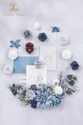 TINGE TIME Artificial Flowers Combo Set Teal Blue & Yellow Flowers Mix Silk Flowers Roses with Stem for DIY Wedding Bridal Bouquets Baby Shower Floral Arrangement Table Centerpieces Home Decorations in Kuwait