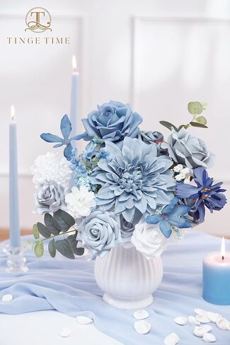 TINGE TIME Artificial Flowers Combo Set Teal Blue & Yellow Flowers Mix Silk Flowers Roses with Stem for DIY Wedding Bridal Bouquets Baby Shower Floral Arrangement Table Centerpieces Home Decorations in Kuwait