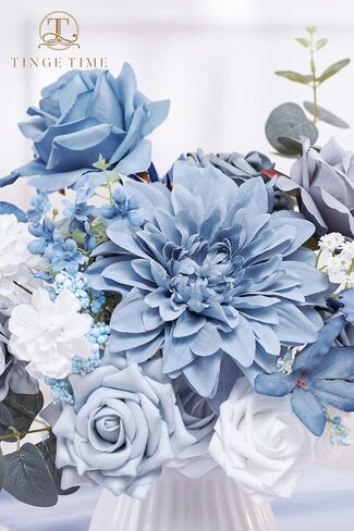 TINGE TIME Artificial Flowers Combo Set Teal Blue & Yellow Flowers Mix Silk Flowers Roses with Stem for DIY Wedding Bridal Bouquets Baby Shower Floral Arrangement Table Centerpieces Home Decorations in Kuwait