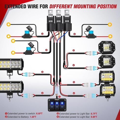 Nilight 16AWG LED LID LIGHT BAR TIRINGING TIRNESS KIT 12V ON/OFF 3 Gang LED LED LED LED LED Rocker Switch Relay FUSE FUSE 5Pin in Kuwait